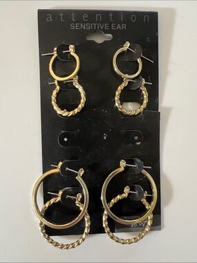 Attention Vintage Gold-Tone Double Hoop Earrings - Pack of 4 Pairs Sensitive Ear